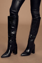Katari Black Croc Pointed-Toe Knee High Boots