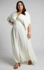 Sitting Pretty Maxi Dress - Short Sleeve Button Down Dress In Natural