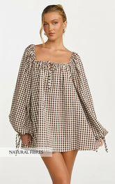 Brixton Mini Dress - Square Neck Smock Dress in Chocolate