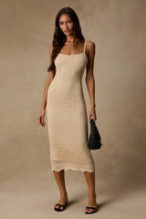 Ventura Vision Beige Crochet Lace-Up Midi Dress