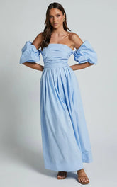 Annie Midi Dress - Off The Shoulder Ruffle Sleeve Pleated Dress in Pale Blue