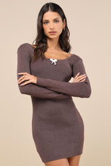 Sweetest Joy Heather Brown Long Sleeve Sweater Mini Dress