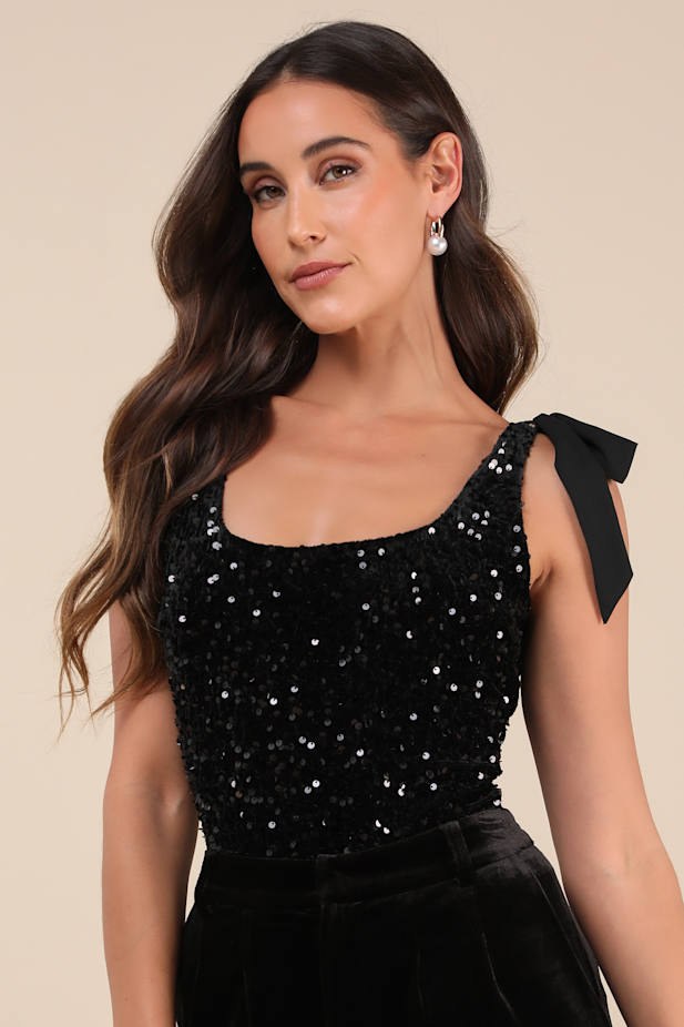 Adept Allure Black Velvet Sequin Tie-Strap Bodysuit