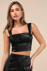 Elaborate Chicness Black Embossed Lace-Up Top