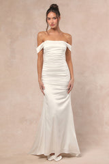 Torri White Satin Off-the-Shoulder Maxi Dress