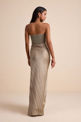 Nyrah Taupe Satin Pleated Strapless Maxi Dress