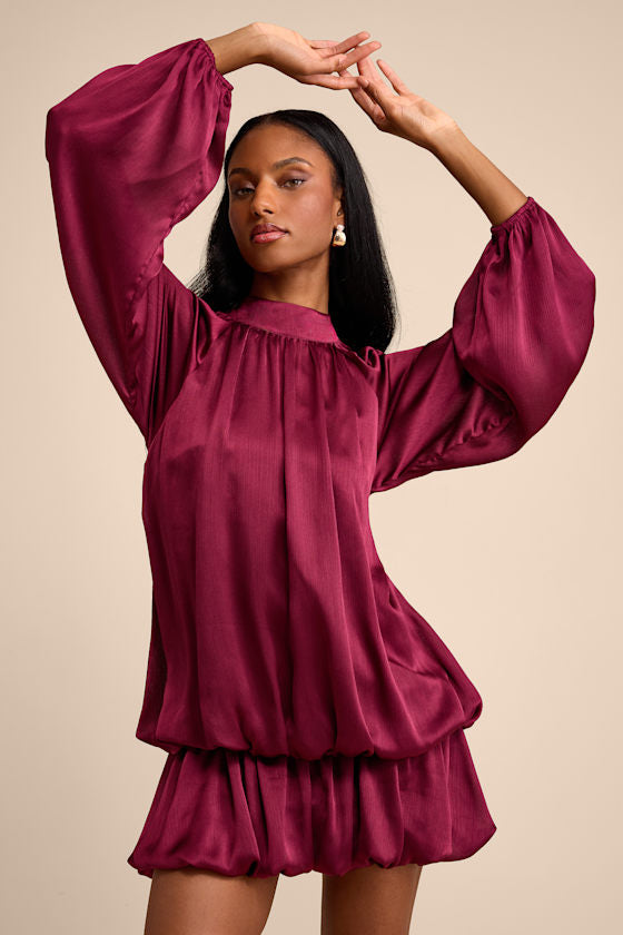 Nagaina Burgundy Satin Drop Waist Bubble-Hem Mini Dress