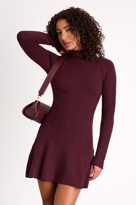 Selene Burgundy Ribbed Mock Neck Sweater Mini Dress