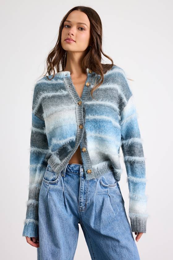 Benaiah Blue and Grey Ombre Marled Fuzzy Knit Cardigan
