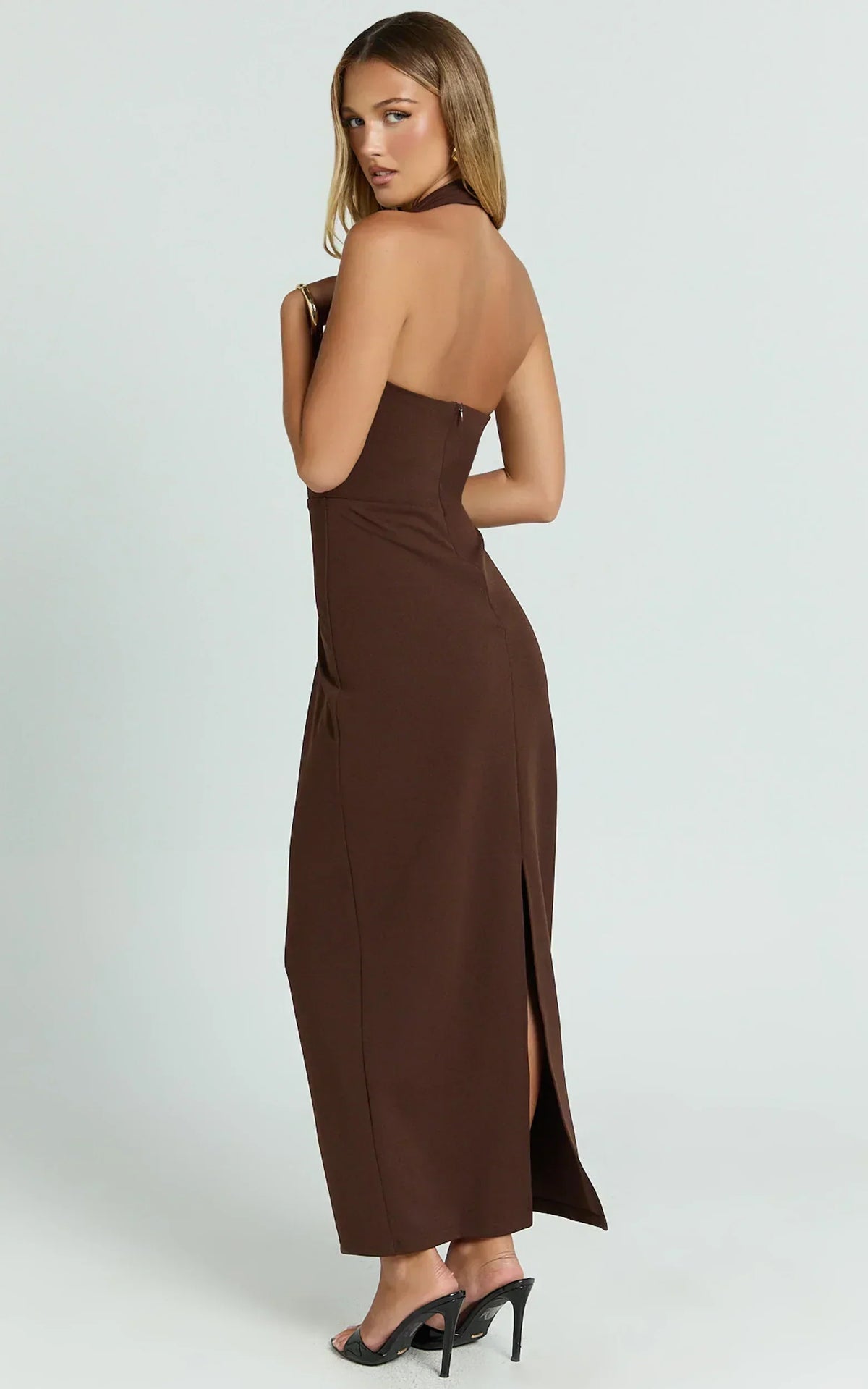 Salome Midi Dress Halter Neck Column Dress in Chocolate