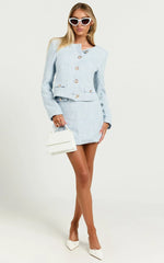 Olympia Jacket - Boucle Scoop Neck Button Down Long Sleeve Jacket with Gold Hardware Detail in Pale Blue