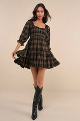 No One Cuter Black and Tan Plaid Puff Sleeve Tiered Mini Dress