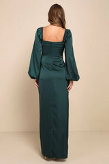 Eternal Heart Emerald Green Satin Long Sleeve Maxi Dress