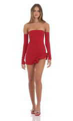 Crepe Ruffle Slit Bodycon Dress in Red