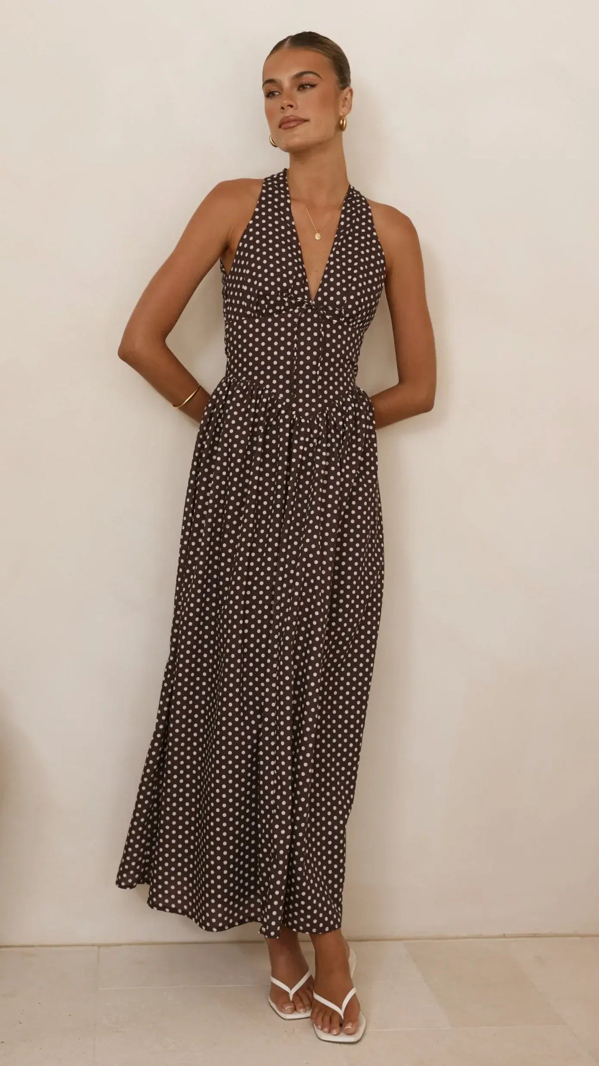 Rachel Tie Back Maxi Dress - Chocolate/White Spot