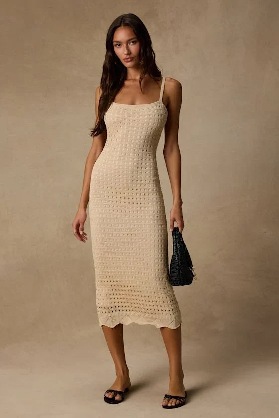 Ventura Vision Beige Crochet Lace-Up Midi Dress